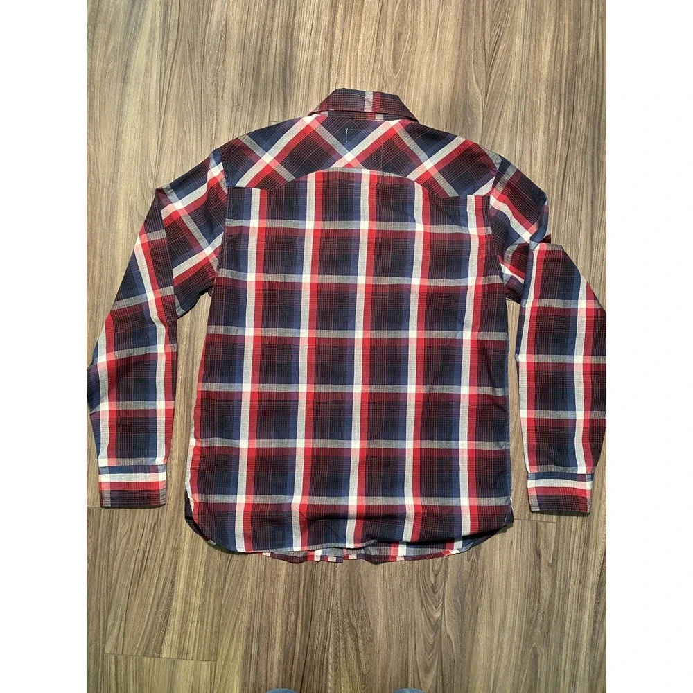 Levis Western Shirt Men M Red Blue White Plaid Snap Front Two Horse Brand Cowboy